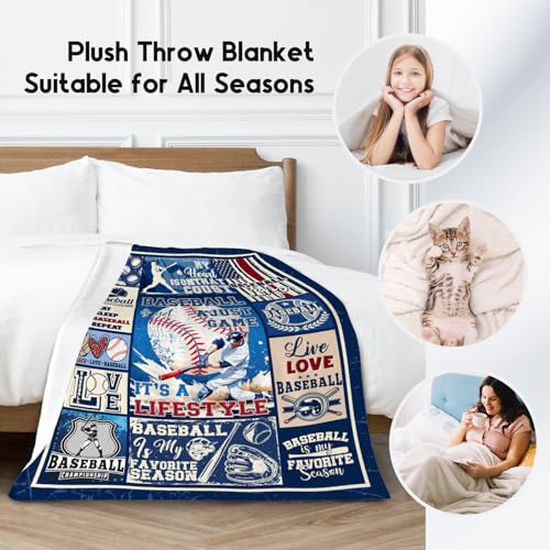 Baseball Blanket for Boys - 40x50 Inches Sports Throw Blanket for Boys Kids - Blue Soft Fuzzy Blankets for Couch, Sofa & Office