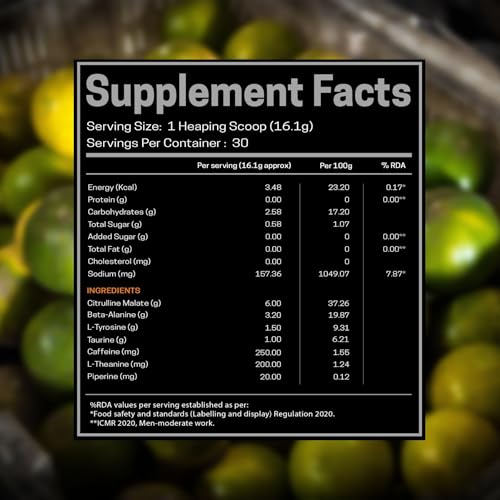 Image of FUELLED DRIVN Pre-Workout (Masala Lemonade, 30 Servings) 3.2 g Beta Alanine, 250 mg Caffeine, 6 g Citrulline Malate (483 g)