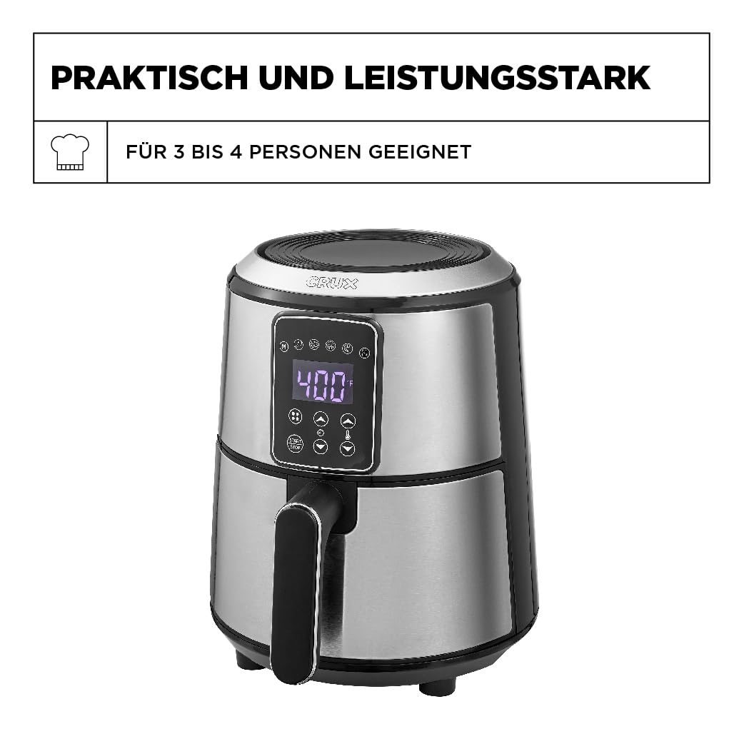 Crux 3 l digitale Heißluftfritteuse, schnelleres Vorheizen, ölfreies Frittieren, spülmaschinenfeste Antihaft-Pfanne und Bratgestell, Edelstahl