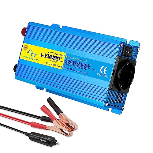 LVYUAN 400W/800W Reiner Sinus Wechselrichter DC 12V auf 230V AC Spannungswandler mit 1 EU AC Steckdose 2 USB Ports