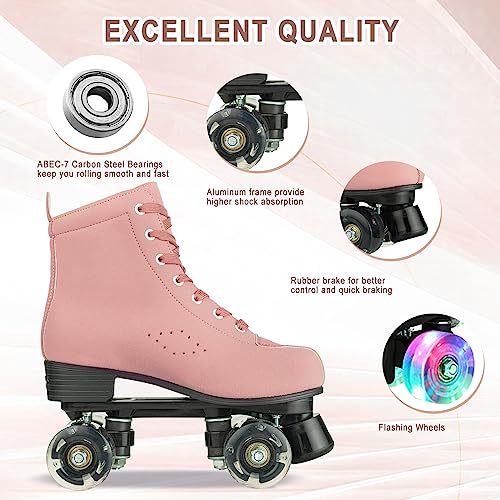 Yyw Roller Skates For Women Men High Top Shoes Double Row Shiny Four Wheel Unisex Pu Rubber Skates For Beginner Indoor Outdoor (Orange Pink Flashing Wheel,Us40- Women's 9/Men's 7.5) #TOP2