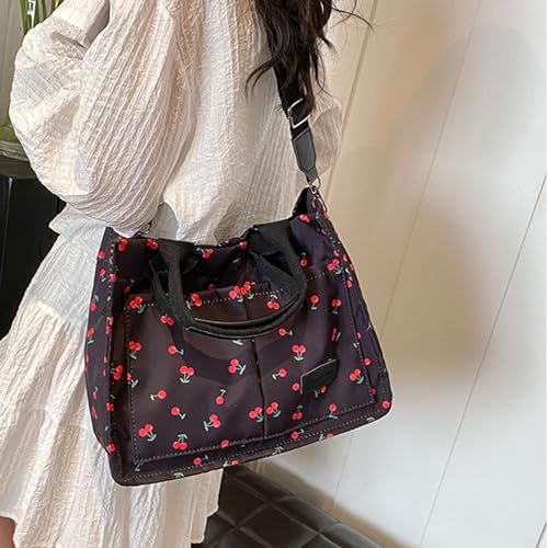 Image of Cherry Tote Bag for Women Canvas Patched Purse Cute Shoulder Bag Multi-Pocket Satchel Handbag for work travel