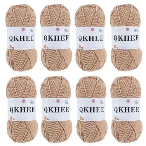 QKHEE コットンヤーン 合太 中細 毛糸 単色8玉セット1玉約50g180m かぎ針編み 編み物 編み糸 織り糸 ぬいぐるみ用糸 (カーキ)