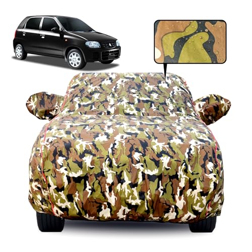 Image of Waterproof Car Body Cover for Maruti Suzuki Alto LX with Mirror Pocket, Soft Cotton Lining, Triple Stitched, Full Bottom Elastic (Heat Resistant Jungle Print with Red Piping)