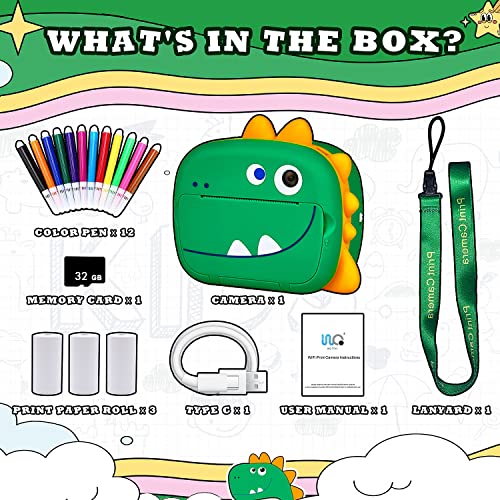 Wq Kids Camera Instant Print, 1080P Dinosaur Digital Print For With Dual Lens,Selfie Video Phone Connected,Zero Ink Ideal Gift Boys Girls 3-12 #TOP7