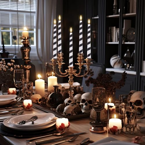 Image of Halloween Taper Candles Striped, Black and White Flameless Candles 3 Pack | Flickering LED Candlesticks with Remote and Timer, Warm 3D Wick Light, Home Table Mantel Party Festival Decor 9.6 Inches