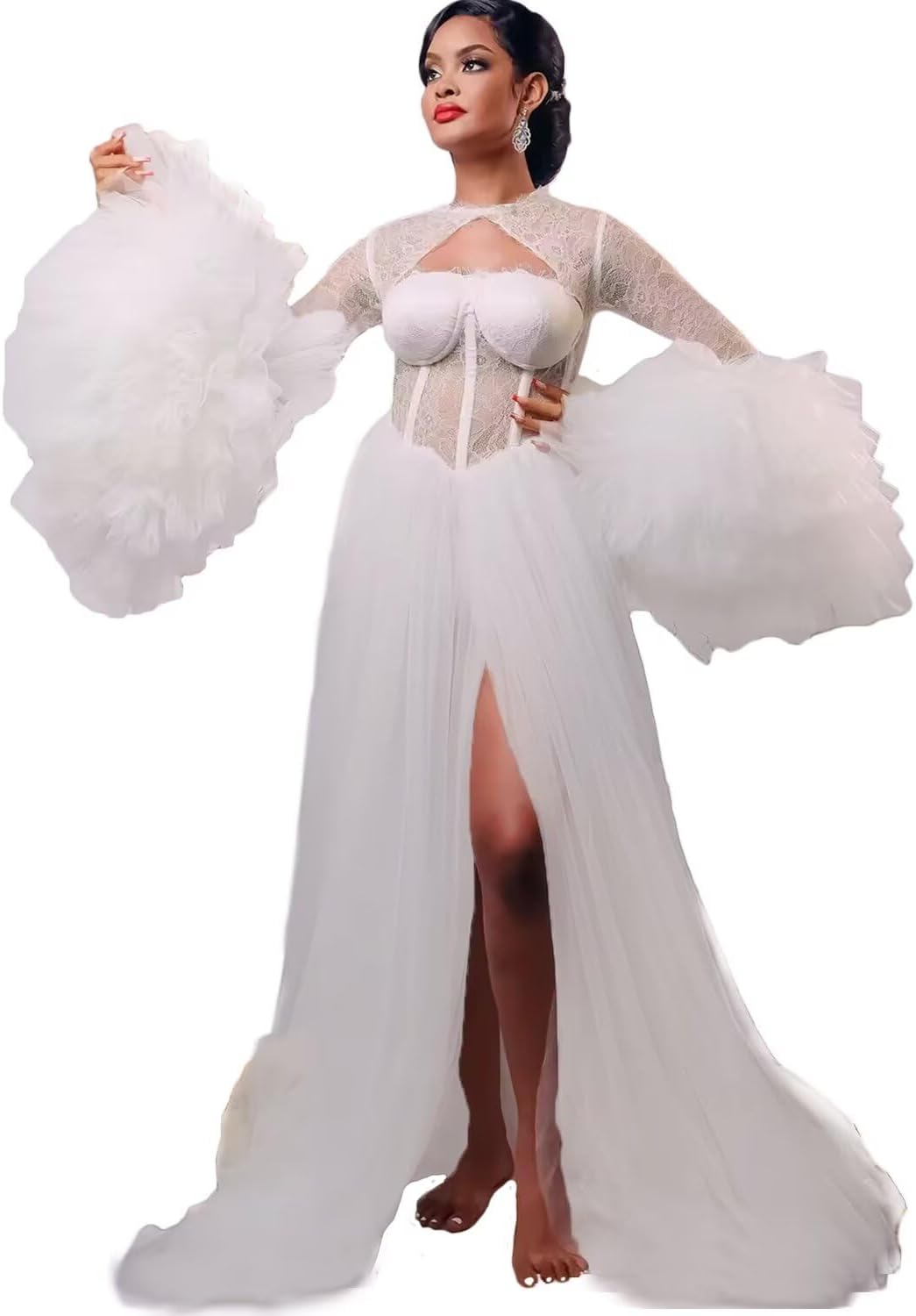 Tulle Wedding Dresses Bride Robe Long Flare Sleeve Lace Bridal Shower Dress