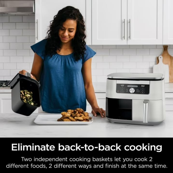 Niin-jja 6 in 1, 8 Quart 2 Basket Air Fryer with DualZone Technology, Air Fry, Keep Warm, Roast, Bake, Reheat, and Dehydrate, Easy-to-Clean, color White (AD 150 A)
