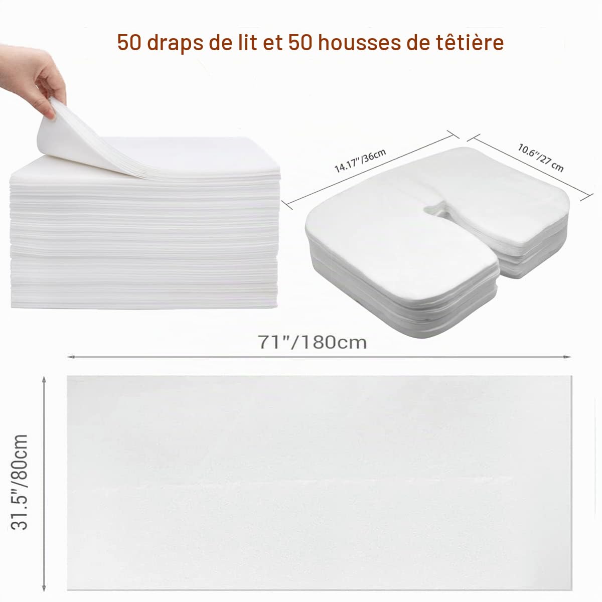 Lot de 100 Drap de Lit Jetable et Protège Tetiere Jetable, 80 x 180 cm Drap Jetable, 36 x 27cm Coussin Jetable pour I'appui-tête de la Table de Massage, Non Tissé