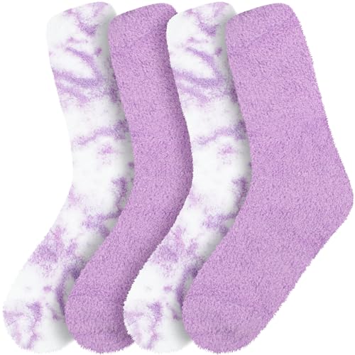Image of BambooMN Women's Girl Fuzzy Warm Fluffy Tie-Dye Colorful Fun Crew Socks - 4 Pairs