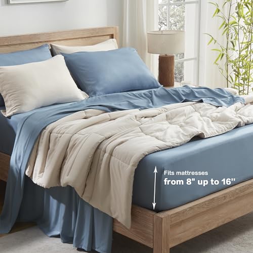 Image of Andency Grayish Blue Queen Sheets Set 100% Viscose Derived from Bamboo | Cooling Summer Sheets, Deep Pocket Up to 16 inch, Silky Soft Hotel Luxury Breathable Bedding Sheets & Pillowcases