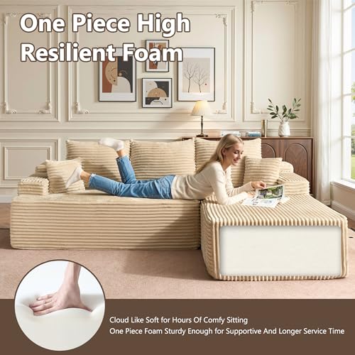 Image of HOOOWOOO Plush L Shaped Sectional Couch,97 inch Assembly Free Modern Minimalist Sofa,Boneless Corner Couch in A Box for Apartment Renting House Office(Right Chaise Beige)