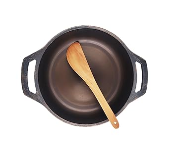 VijayaECart Cast Iron Flat Kadai 9 inch Pre-Seasoned Super Smooth with Free Wooden Spatula for Deep Frying Gas Induction Friendly (Black, 9? Flat Base, 2.25 Kg)
