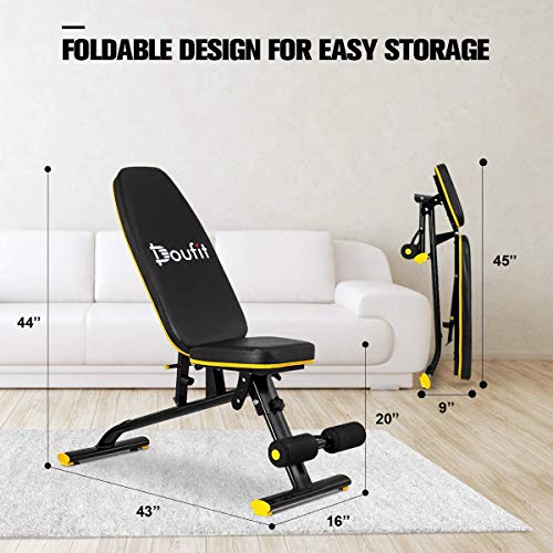 Weight Bench Adjustable Foldable, Doufit Heavy Duty Assembled Workout Bench Press for Home Gym, Indoor Multi-Purpose Exercise Incline Decline Bench for Weight Lifting Training