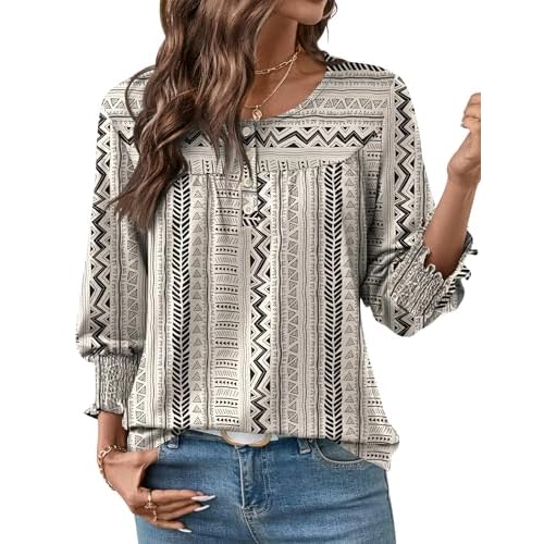 AKEWEI 3/4 Length Sleeve Womens Tops 2026 Fashion Summer Tops for Women Crewneck Casual Loose Fit Pleated Top Black Geometric Print Large