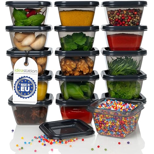 idea-station Recipientes pequeños para congelar, 16x 100 ml - antracita - Mini recipientes de almacenamiento con tapa, sin BPA - Recipientes pequeños de plástico irrompibles con tapa