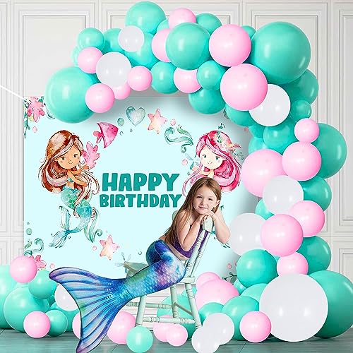 Image of Party Propz Vinyl Mermaid Theme Birthday Decorations - Set of 52Pcs Balloon Decoration Kit With Backdrop, Happy Birthday Items, Multicolor