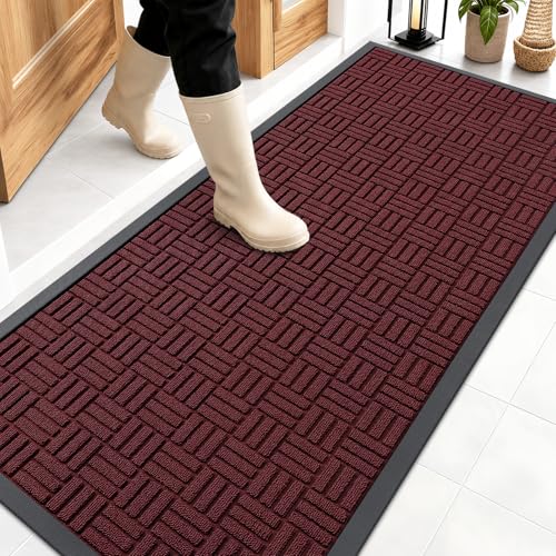 Image of OLANLY Front Door Mat Outside Entrance 59x23, Absorbent, Heavy Duty Sturdy Natural Rubber Doormat Indoor Outdoor, Non-Slip, Stain and Fade Resistant, Low Profile Floor Mat for Entryway, Burgundy