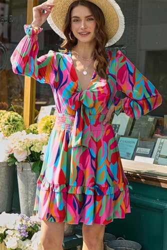 Image of Dokotoo Womens Casual Spring Fall 2025 Deep V Neck Knotted Tiered Chiffon Elegant Mini Short Swing Skater Dresses