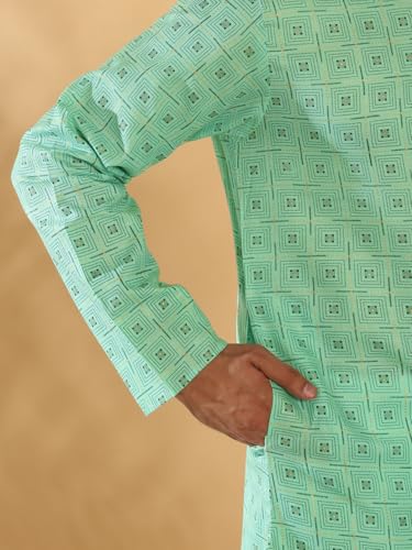 Image of KRAFT INDIA Men's Cotton Blend Geometric Printed Straight Long Regular Kurta and Elastic Waistband Pyjama Set