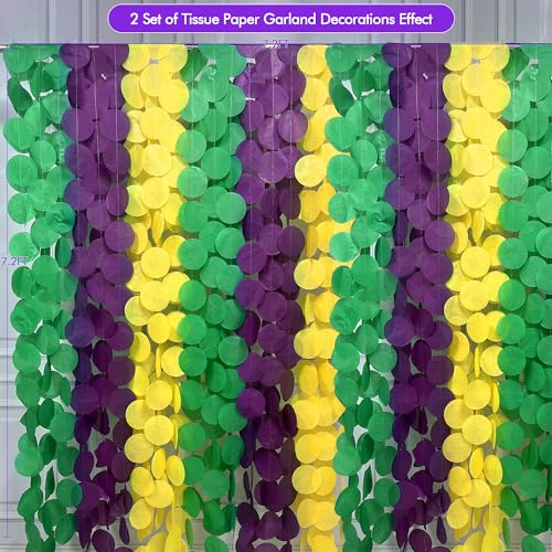 Image of 205 Ft Mardi Gras Party Decorations Purple Green Yellow Circle Dot Backdrop Garland Tissue Paper Polka Dots Hanging Streamer for Mardi Gras Birthday Wedding Baby Shower Masquerade Party Supplies