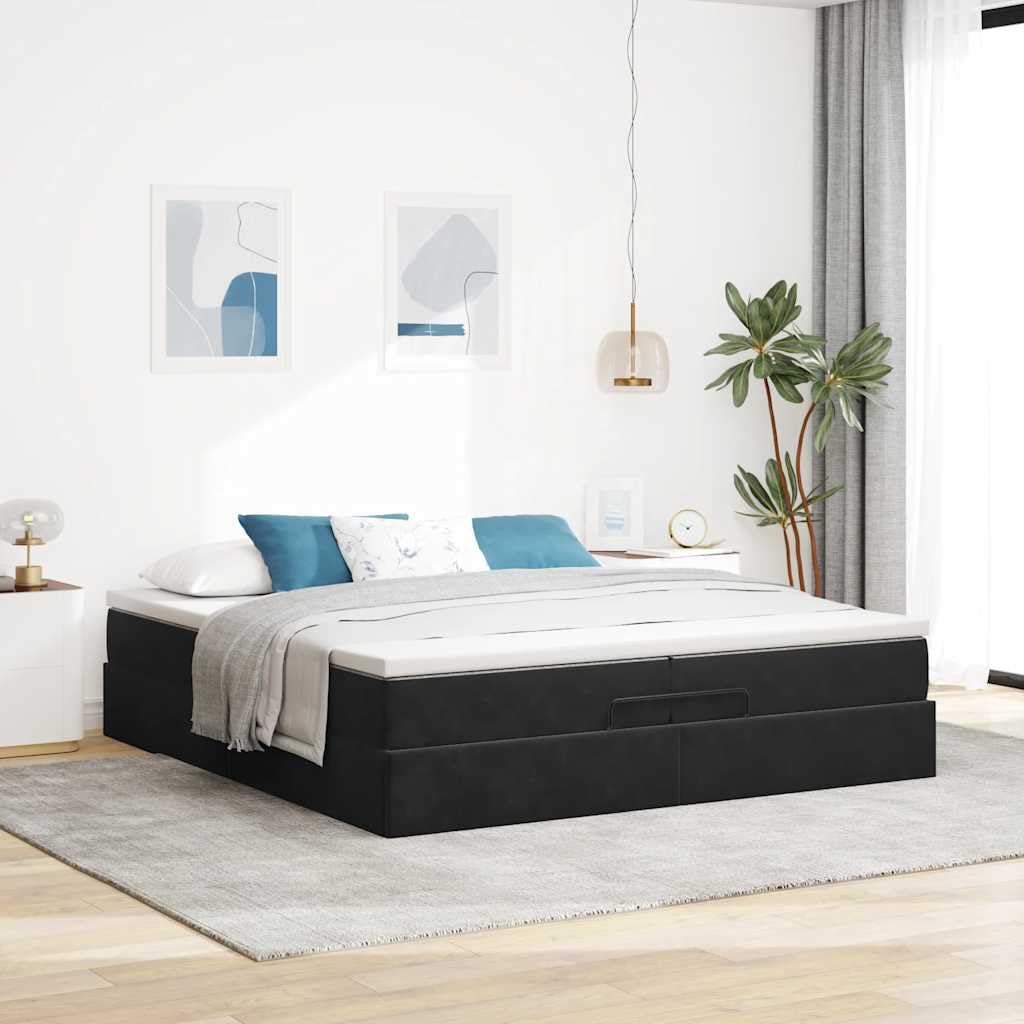 Cama doble otomana de 200 x 200 cm de terciopelo negro con colchón de muelles ensacados 2 x 100 x 200 x 20 cm Cubrecolchón gran espacio de almacenamiento hidráulico Lift juvenil habitación de