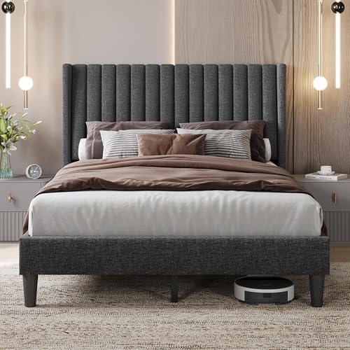 Image of Yaheetech Full Bed Frame with Headboard, Dark Gray Channel-Tufted Platform