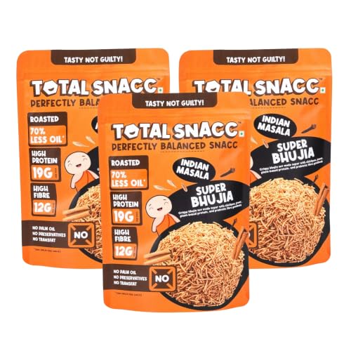 Image of TOTAL SNACC Roasted Bhujia Indian Masala (250g x 3) | High Protein 19g, High Fibre 12g | 70% Less Oil | No Palm Oil | Baked Bhujiya | Healthy Namkeen | High Protein Snacks | Diabetic Friendly | Millet Bhujia | Low Calorie