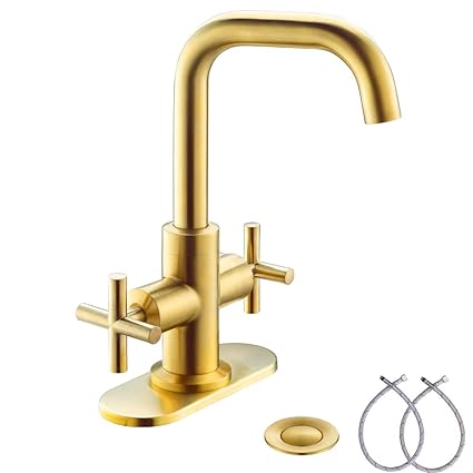 Phiestina Brushed Gold 2-Handle 4 Inch Centerset Bathroom Faucet with Drain,Deck Plate and Supply Hoses, Fit for 1 or 3 Hole, SGF002-10-BG