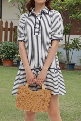 Image of EZAPINE Women Striped Shirt Dress Summer Button Down Collared Short Puff Sleeve Ruffle Hem Casual Flowy Mini Dress