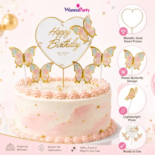 Image of Wanna Party Happy Birthday Cake Topper with Multicolor Butterflies, 5 Pcs Butterfly Cake Decoration Set for Birthday Cake, Cupcake, Dessert Table, Party Decor & Celebration Supplies