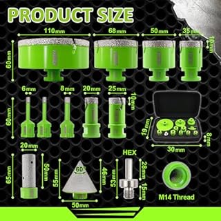 FACHLICH Frese per Piastrelle Gres Porcellanato - 6/6/8/20/25/35/50/68/110mm Punte Trapano, 20mm Fresa, 50mm Smusso, 125mm Disco, Adattatore, Punte Diamantate per Piastrelle Ceramica Marmo Granito