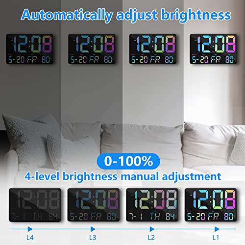 Digital Wall Clock,11.5" Led Digital Clock Large Display,With Remote Control,Adjustable Brightness, Calendar, Temperature, Snooze, 12/24 H, For Living Room, Office, Bedroom, Black+Colorful Digit #TOP1