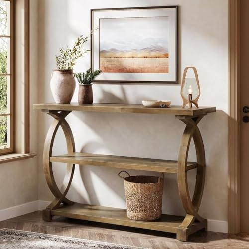 Tribesigns 41.34インチ 無垢材 コンソールテーブル 玄関&リビングルーム用 素朴な木製ソファテーブル フィッシュテールサイドデザイン 廊下/玄関/天然木に 3段収納