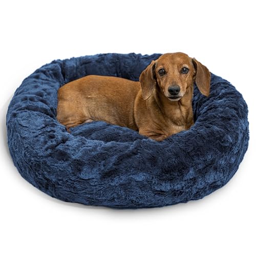 Image of Best Friends by Sheri The Original Calming Donut Dog Bed for Small Dogs up to 25 lbs, Lux Faux Fur, Navy Blue, 23 inch x 23 inch
