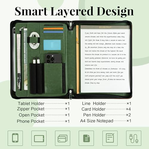Calfinder Portfolio Folder with Zipper,Leather Padfolios for Women&Men,Professional Portfolio Binder with A4 Writing Pad Holder, Business Organizer for Resume/Interview by Calfinder - Image 3