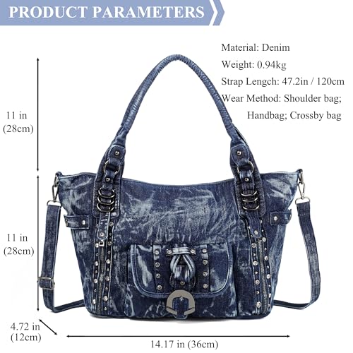 Image of Designer Denim Handbags for Women Hobo Tote Bag Crossbody Denim Purses Blue Jean Shoulder Bag