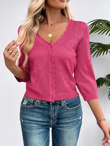 Image of Women Crop Cardigan Sweaters Lightweight 3 /4 Sleeve Button Up Crochet Shrug | Textured Bolero For Dresses Dressy Casual, V Neck, Ladies Eyelet Shawl Thin Trendy