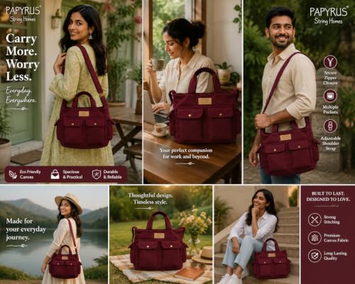 Image of ROUGH Canvas Cotton messenger bag.15'' Lap top. Large size 36x27x11 cm(12Ltr) Metal zipper closure. Allround pockets. Vintage look. Antique fittings.Sustainable