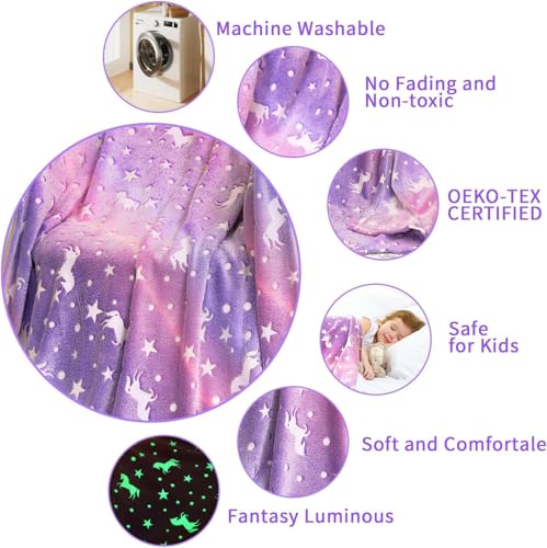 Image of Glow in The Dark Unicorn Blanket for Girls - Super Soft Purple Plush Fleece Throw with Stars and Unicorns - Magical Luminous Gift for Kids, Toddlers, and Teens - 80 inch x 60 inch (Purple)