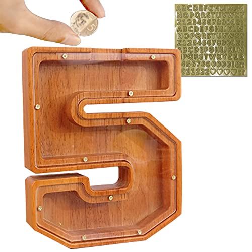 Lakpopya Spardose Holz Personalisierte Nummern 0-9 Sparbüchse für Kinder, Transparentes Spardose als Kreatives Geschenke, Massivholz + Acrylplatten, zum Öffnen (5) Cover