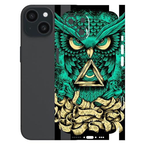 Image of AtOdds - Full Body Back Screen Guard Protector Film - Lamination Wrap Skin Sticker for iPhone 15 | Scratchproof Matte Finish (Design - Green Owl)