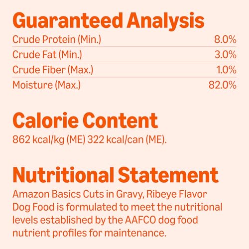 Image of Amazon Basics Wet Dog Food, Cuts in Gravy, Ribeye Flavor, Made with Real Chicken and Beef, 13.2 oz can (Pack of 12)