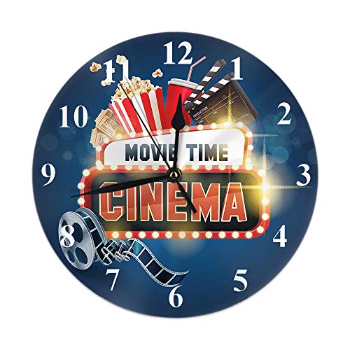 Affiche de cinéma Horloge murale ronde, affiche de film de cinéma avec pop-corn Filmstrip Clapboard Tickets et bannière de l'heure du film Horloge murale...