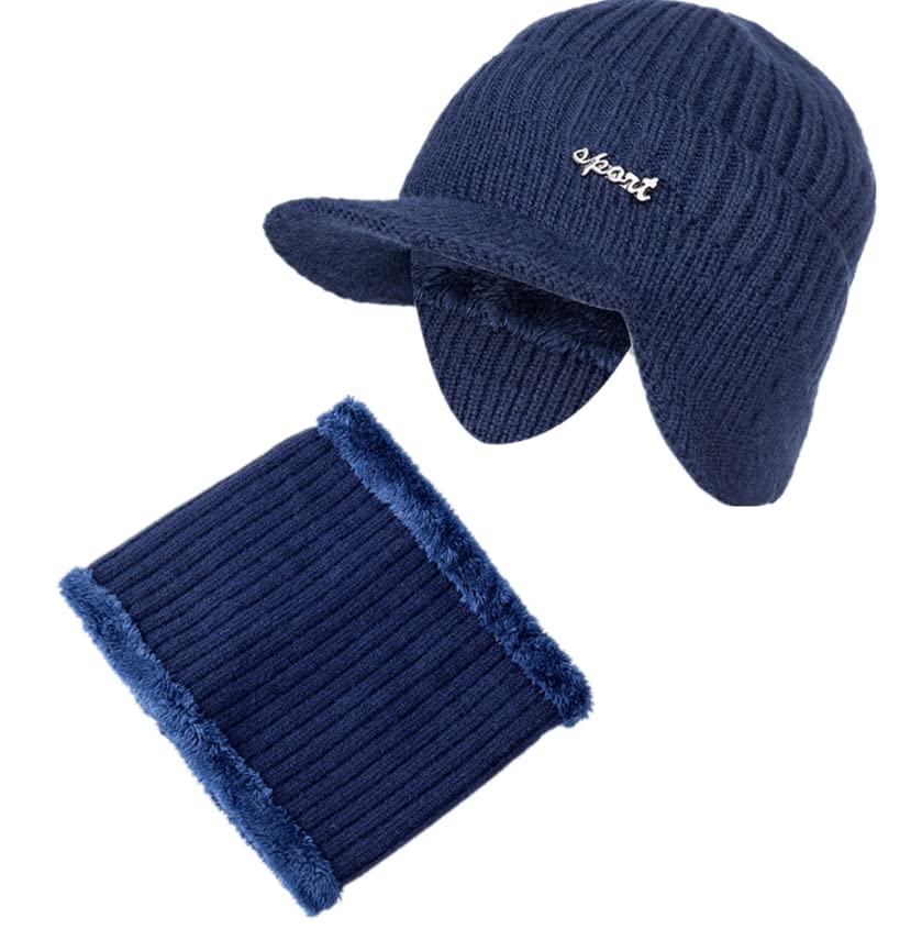 LEMITA Bonnet d'hiver doux pour homme et femme avec cache-oreilles, Navy Blue Set, taille unique