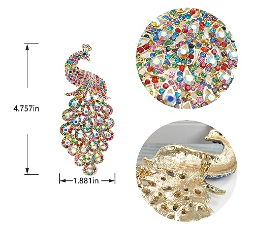 Image of Gyn&Joy 5 Inch Art Gorgeous Peacock Austrian Crystal Rhinestone Brooch Pins