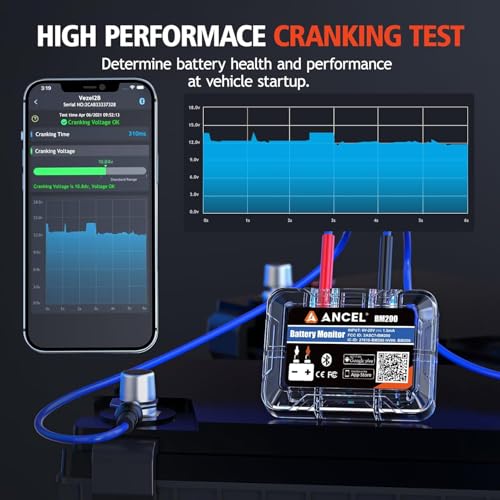 ANCEL BM200Blue Batterie Monitor für 12V Lithium(LiFePO4) & Bleibatterien(Nass,EFB,AGM,Gel), Auto Batteriewächter Bluetooth Batterietester mit Start-&Lade Test, Alarm, Record Voltage History