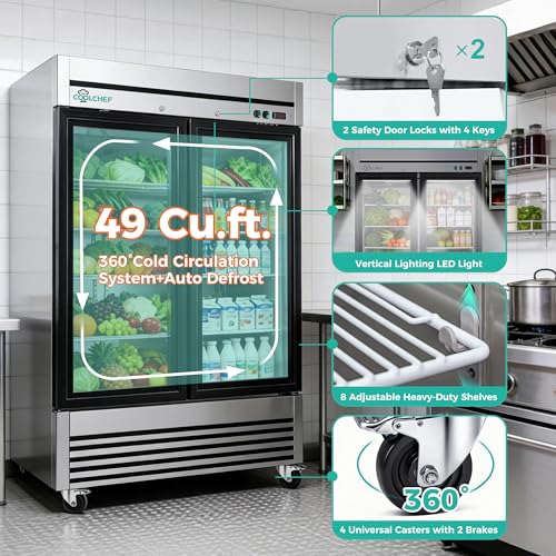 Image of COOLCHEF 54 inch Commercial Glass Door Refrigerator, 49 Cu.Ft Double-Door Reach-In Cooler, 33-40℉, Double-Layer Low-E Glass, 8 Shelves, R290
