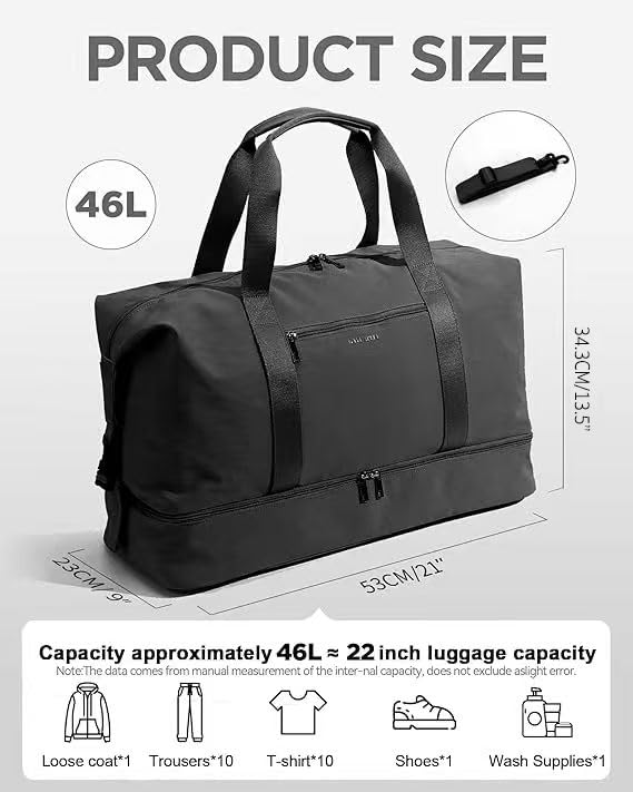Image of Oeihuivt Weekender Bags for Women - 21 Inch Large Travel Duffel Bag with Shoe Compartment, Heavy-Duty Canvas Leather Carry On Overnight Tote, Black-1A, 21, Weekend Trip