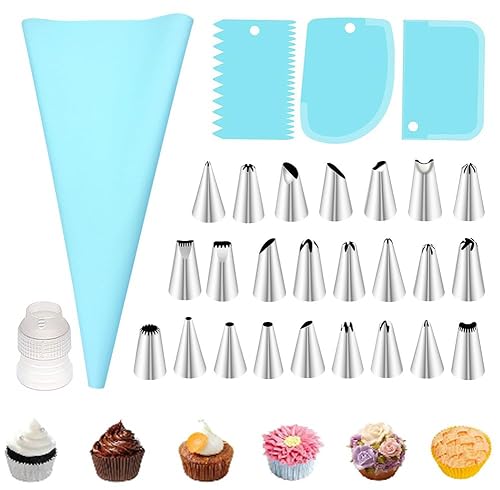29 Pcs Piping Bags and Piping Tips Set, Stainless Steel Frosting Piping Bake Cake Decorating Kit, Pastry Cake Decorating Tips For Cookies Cupcake
